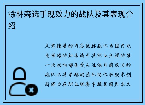 徐林森选手现效力的战队及其表现介绍